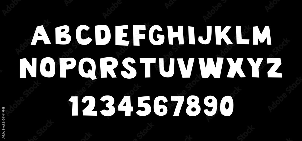 White of comical font and alphabet. Isolated on Black background White of comical font and alphabet. Isolated on Black background