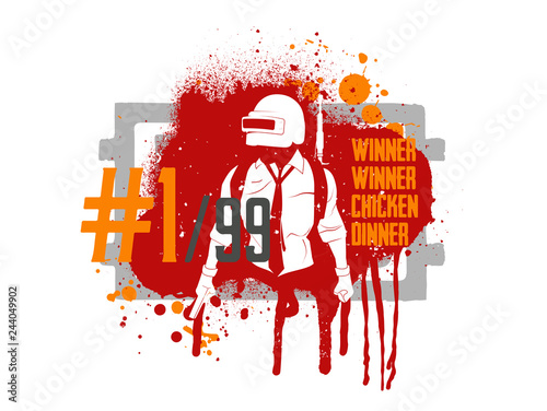 Pubg player. Black and white illustration player from PlayerUnknown’s Battlegrounds. Silhouette soldier, in 3 lvl helmet and pistol. 