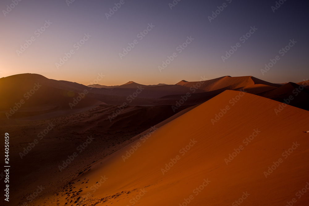 朝日に染まるナミブ砂漠