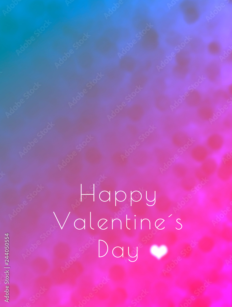 happy valentine day lettering in front beautiful purple pink blue tone and white font with blurred und glitter elements backdrop.