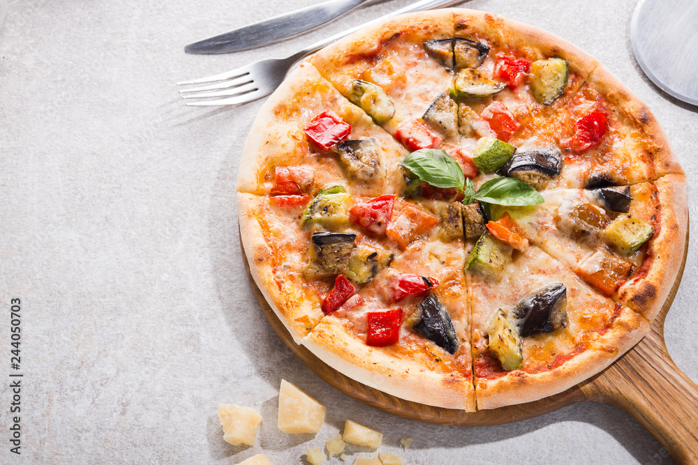 Hot pizza with pepper, zucchini and eggplant