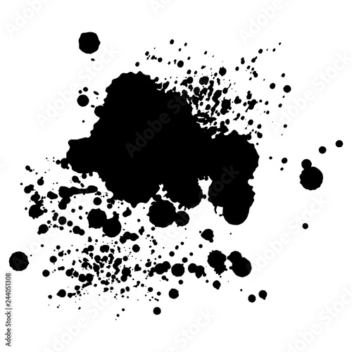 Black monochrome ink or paint blots grunge background. Texture Vector. Dust overlay distress grain. Black splatter, dirty, poster for your design. Isolated on white background. Vector illustration.