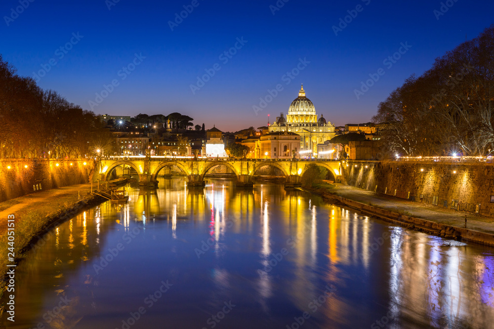 Saint Peter Basilica in Vatican city with Saint Angelo Bridge in Rome, Italy