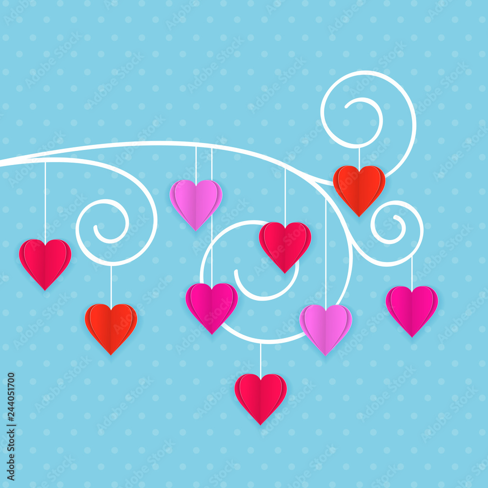 The Valentine Day card with hearts of paper