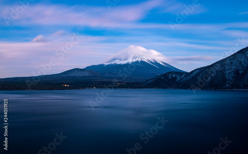 Beautiful Fuji mountain with cold weather after sun down at lake side