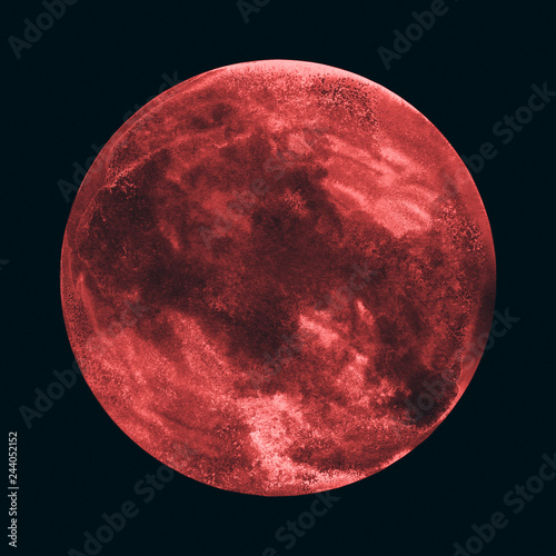 Watercolor painting of a red celestial object isolated on black background, full moon image