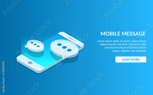 Mobile messenger. Communication using a smartphone. Speech bubble on the background of a portable device. Modern vector illustration isometric style on blue background.