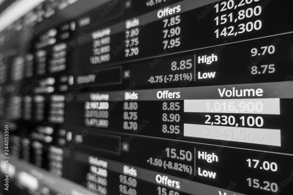 Stock exchange market in black and white on LED screen. Finance and economic concept. Stock exchange market in black and white on LED screen. Finance and economic concept.