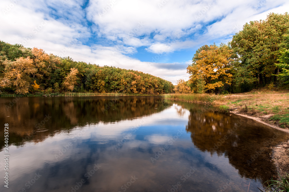 lake with autumn trees on the shore. the mirror surface of the lake. autumn composition.