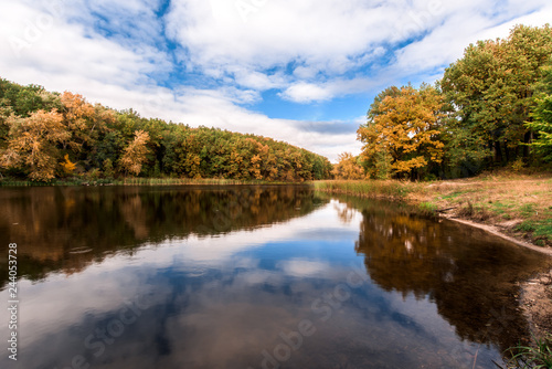 lake with autumn trees on the shore. the mirror surface of the lake. autumn composition.