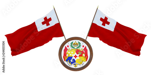 National flag  and the coat of arms 3D illustration  of  Tonga Background  with flag of Tonga.