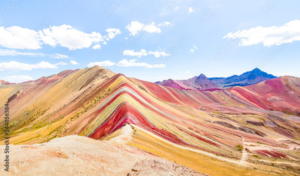 Panoramic view of Rainbow Mountain at Vinicunca mount in Peru - Travel and wanderlust concept exploring world nature wonders - Vivid multicolor filter with bright enhanced color tones - obrazy, fototapety, plakaty 
