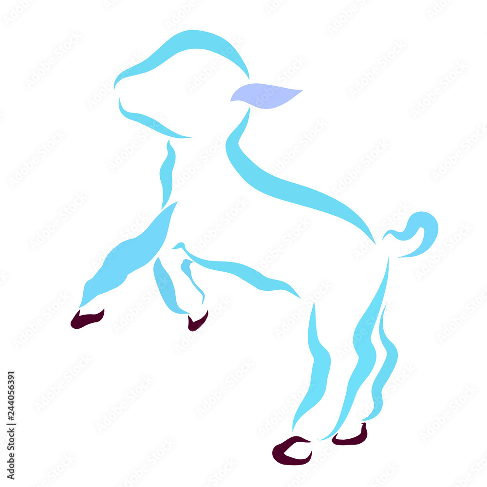 Cute lamb or kid, blue contour, sketch Cute lamb or kid, blue contour, sketch