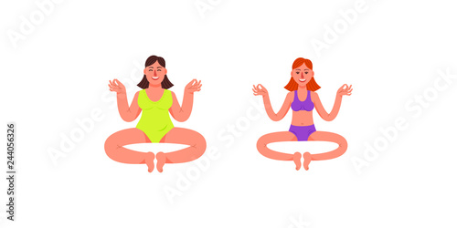 Slim girl and girl size plus. Two girls are sitting in the lotus position. Two girls do yoga. Vector illustration in cartoon style.