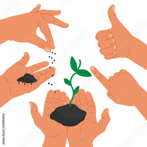 Success vector concept illustration with hands and plant grow from soil isolated on a white background.