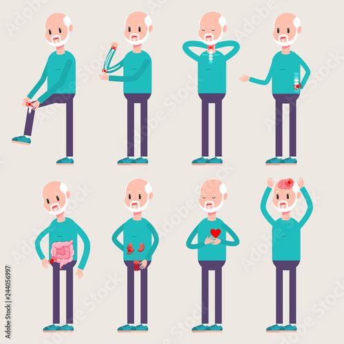 Orthopedics and injuries of the elderly people. Vector cartoon old man character set with diseases and traumas of internal organs and bones isolated on background.