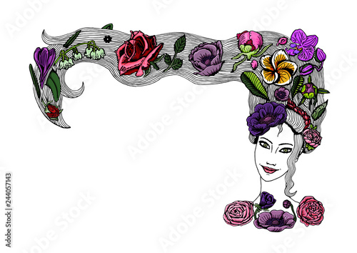 Vector of beautiful young girl face with long hair, colorful flowers, buds and leaves in hairdo. Spring girl with peony, rose, orchid, anemone flora in haircut for greeting or invitation card.
