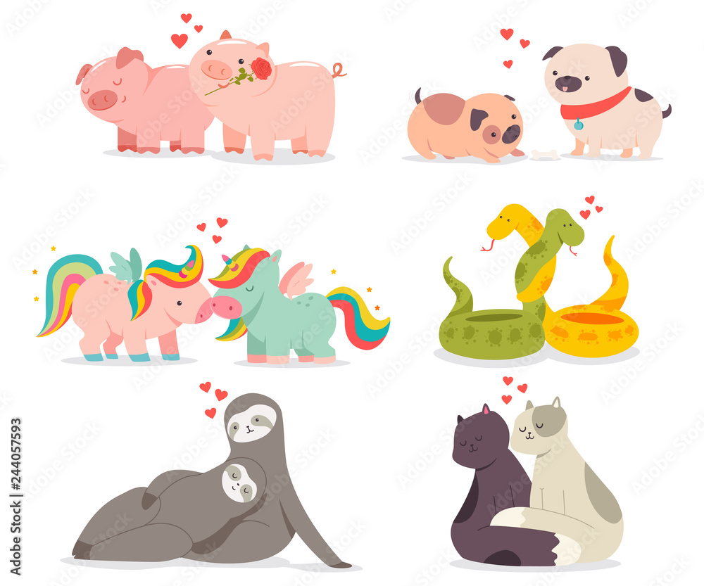 Valentine day concept illustration with cute animals in love. Vector funny  cartoon characters couples of cats, unicorns, dogs, sloths, pigs and snakes  isolated on a white background. Stock Vector | Adobe Stock
