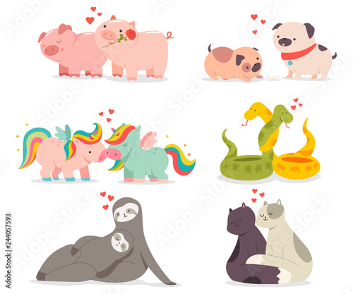 Valentine day concept illustration with cute animals in love. Vector funny cartoon characters couples of cats, unicorns, dogs, sloths, pigs and snakes isolated on a white background.