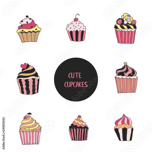 Set of cute doodle decorative cupcakes for party  flyer and banner design and invitations