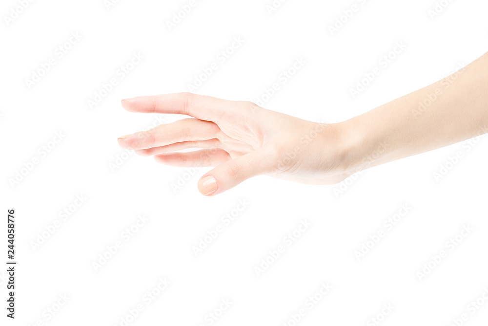 Female hand isolated on white background. White woman's hand showing symbols and gestures. Relaxed hand
