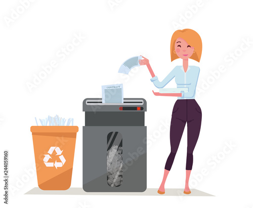 Office worker young stylish woman shredding stack of documents. Paper waste in plastic recycling bin. Big office floor shredder full of cut paper. Flat cartoon vector illustration on white background