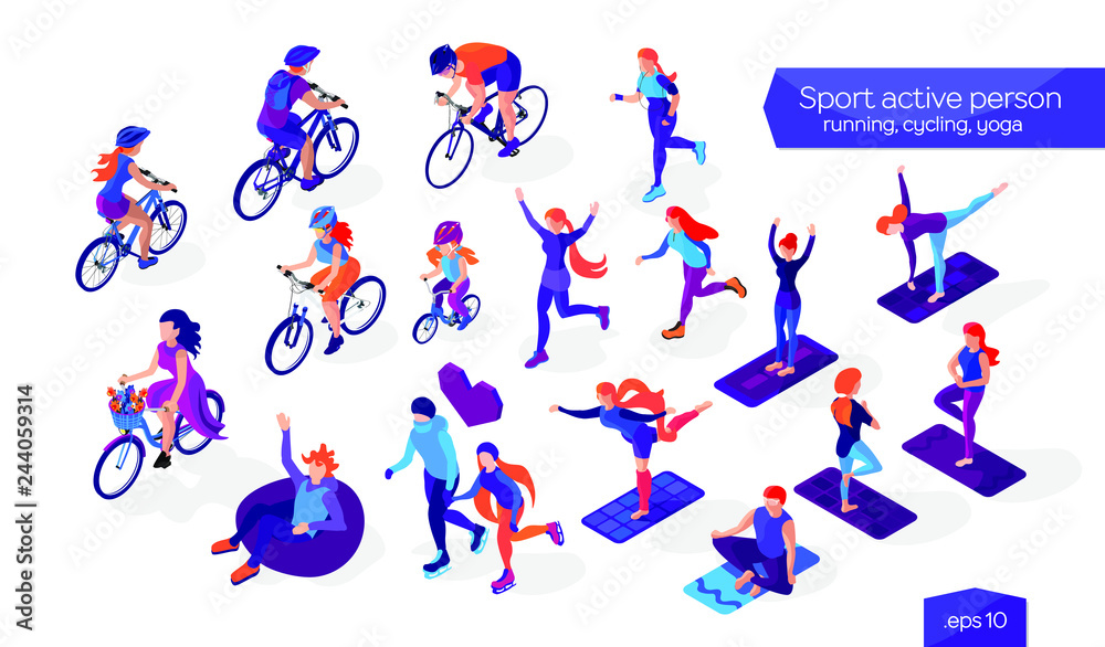 Set of sport active persons. Isometric flat characters collection. People on a white background. Cycling, running, ice-skating and yoga Set of sport active persons. Isometric flat characters collection. People on a white background. Cycling, running, ice-skating and yoga