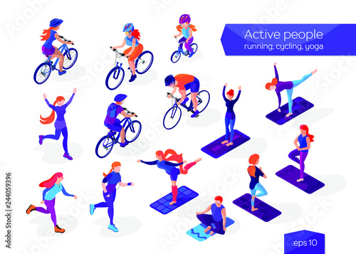 Cycling, running and yoga. People on a white background. Isometric flat design concept