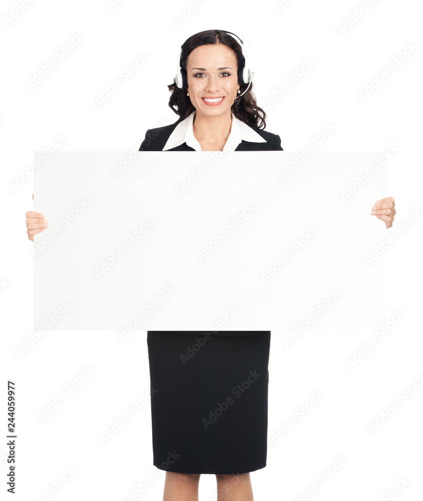 Businesswoman showing blank signboard, isolated Businesswoman showing blank signboard, isolated