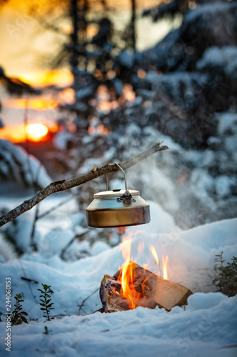 Obraz na plátně Fireplace and coffee pot in Finland