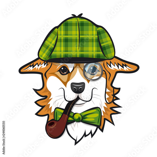 Cool dog welsh corgi face with green checkered hat and smoking pipe like Sherlock Holmes. Color vector illustration