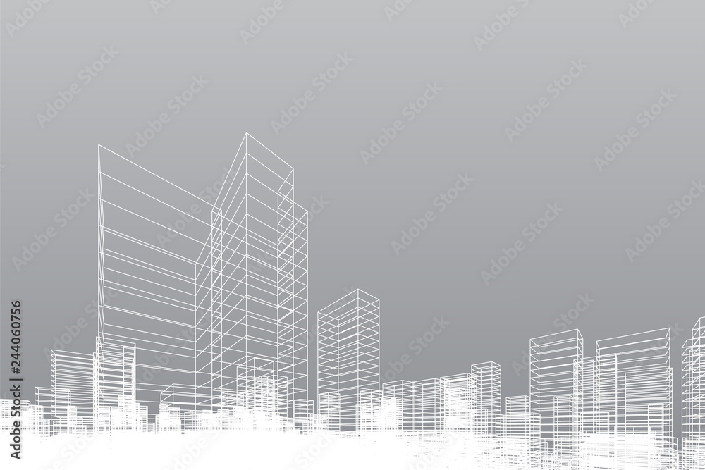 Abstract wireframe city background. Perspective 3D render of building wireframe. Vector.