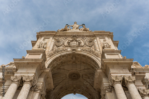 View from beneath the Rua Augusta Arch situated on the northern edge of the Commerce Square, Praca do Comercio, an iconic tourist attraction in Lisbon, Portugal.