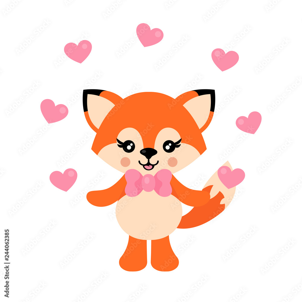 cartoon cute fox with tie and lovely hearts