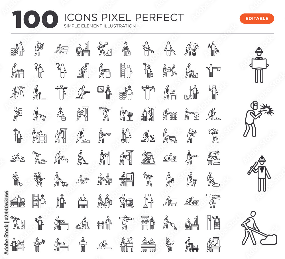 Obraz premium Set of 100 linear icons such as Shovel, Engineer, Welder, Worker, Delivery man, Climber, Workers, Worker