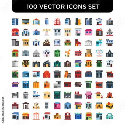 Set of 100 Vector icons such as Embassy, Pharmacy, Cafe, Clinic, Station, School, Post office, Bank, Clothes, Police