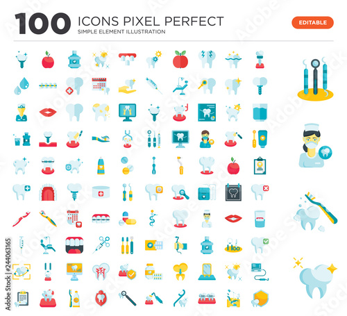 100 Set of icons such as Tooth, Toothbrush, Dentist, Hygiene, Implants, Dentist chair, Braces, Floss, Decay