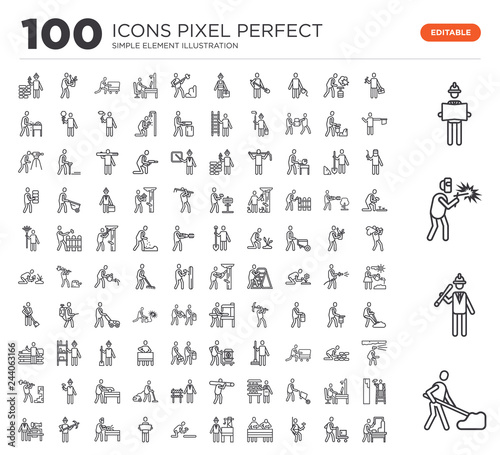 Set of 100 linear icons such as Shovel, Engineer, Welder, Worker, Delivery man, Climber, Workers, Worker