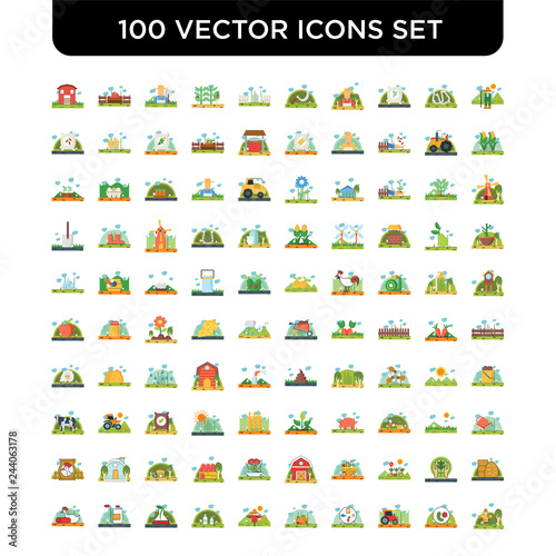 Set of 100 Vector icons such as Farmer, Microorganism, Tractor, Nutrition, Harvest, Scarecrow, Milky, Chemistry, Insecticide, Meat
