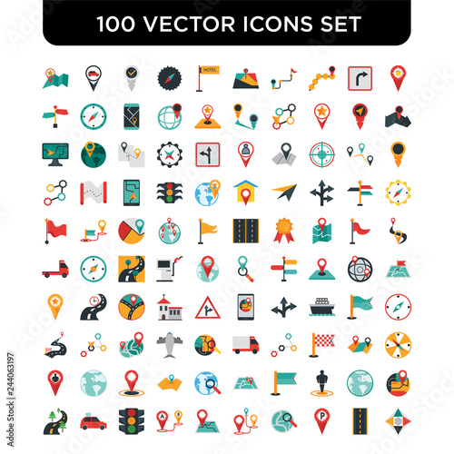 Set of 100 Vector icons such as Placeholder, Road, Gps, Route, Traffic light, Car, Road