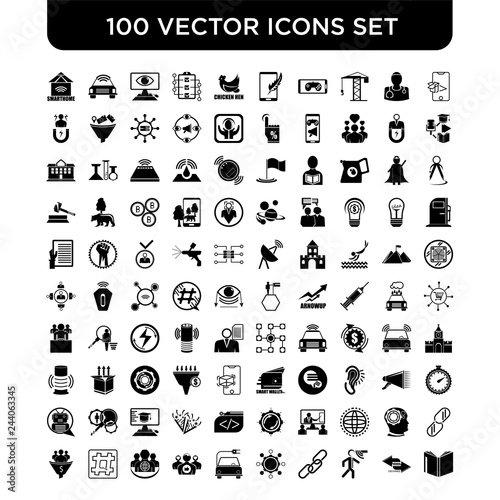 Set of 100 Vector icons such as Augmented reality, Exchange, Motion sensor, Chain, Algorithm, Electro car, Brand Engagement, Outsourcing, Hashtag, Lead Conversion