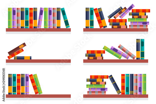 Books on shelf vector cartoon flat set isolated on a white background.