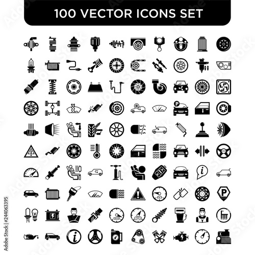 Set of 100 Vector icons such as Tire, Dashboard, Engine, Piston, Oil, Steering wheel, Information, Car, Oil