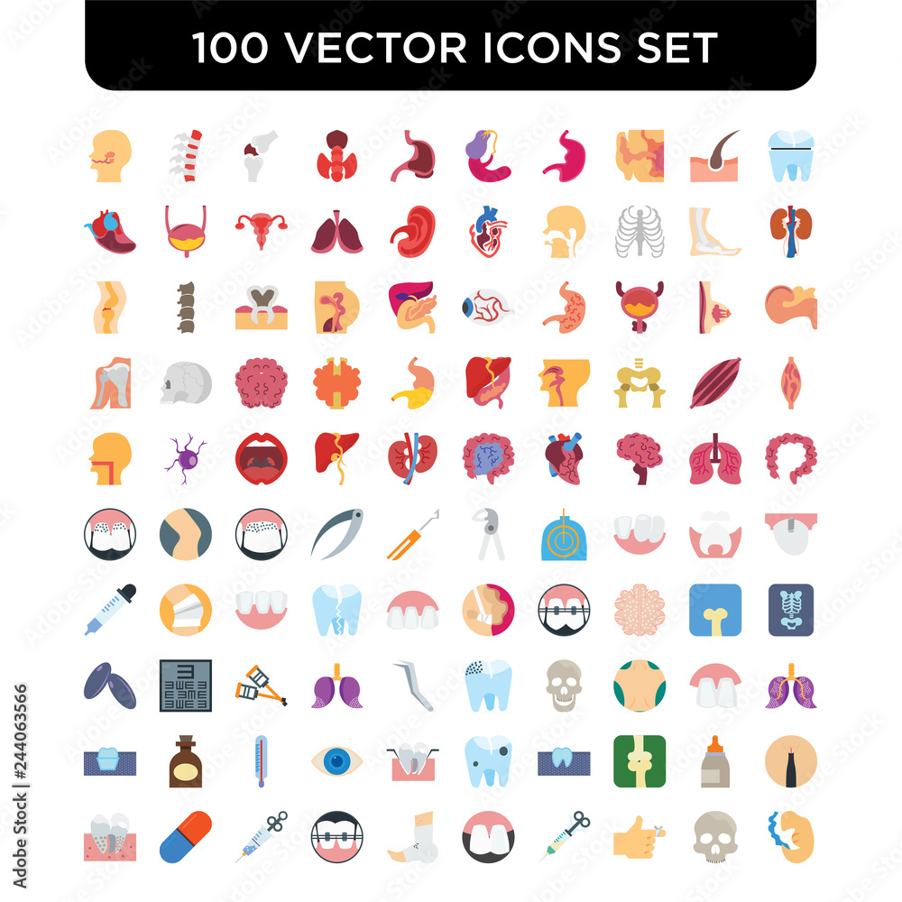 Set of 100 Vector icons such as Molar crown, Skull, Finger, Syringe, Teeth, Plaste foot, Braces, Pill, Set of 100 Vector icons such as Molar crown, Skull, Finger, Syringe, Teeth, Plaste foot, Braces, Pill,