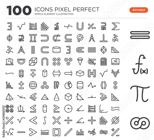 Set of 100 linear icons such as Infinite, Pi constant, Function, Equal, The sum of, Is not equal to, Compass and ruler for mathematics, Bars graphic, Divide, Brackets grouping