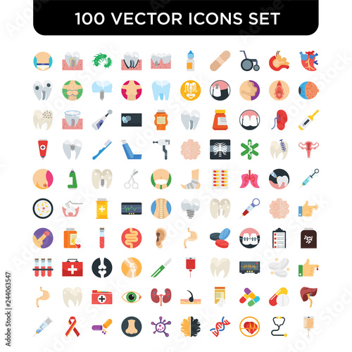 Set of 100 Vector icons such as Heart, Stethoscope, Cardiogram, Dna, Brain, Virus, Nose, Antibiotic, Ribbon, Syringe
