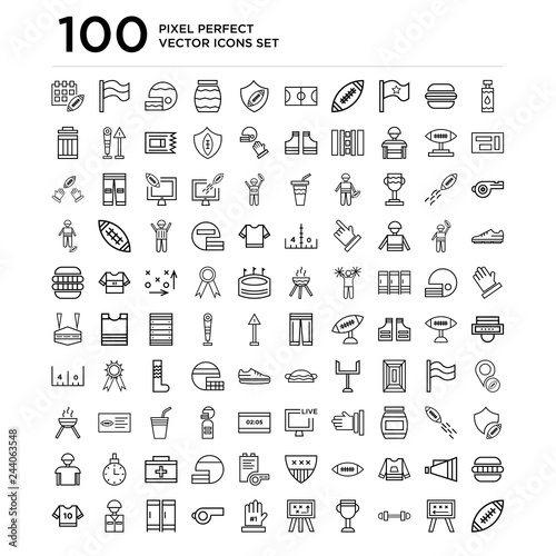 100 linear pack of Bottle Water, American Football Strategy, Barbell, Cup, Position line icons, universal thin stroke icons set