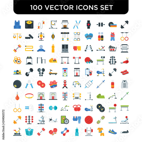 Set of 100 Vector icons such as Barbell, Gym shoes, clothes, Machine, Bottle, Dumbbell, Boxing glove, Weight scale, Bicycle