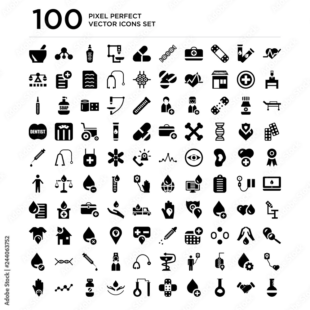 100 pack of Heartbeat, Handshake, Flask, Blood, Band aid, Test tubes, Medicine, Blood icons, universal icons set 100 pack of Heartbeat, Handshake, Flask, Blood, Band aid, Test tubes, Medicine, Blood icons, universal icons set