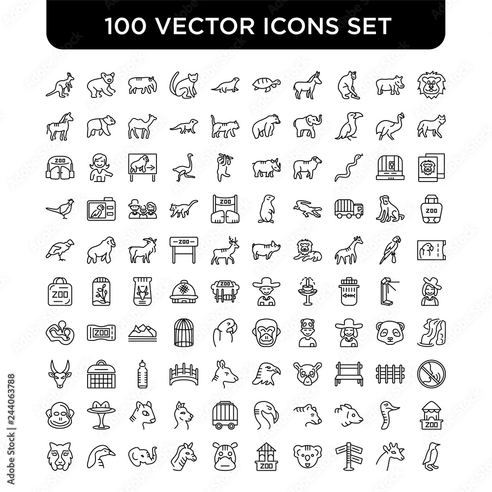 Outline set of 100 Vector line icons such as Lion, Giraffe, , Koala, Ticket  office, Hippo, Zebra, Elephant, Penguin, Tiger Stock Vector | Adobe Stock